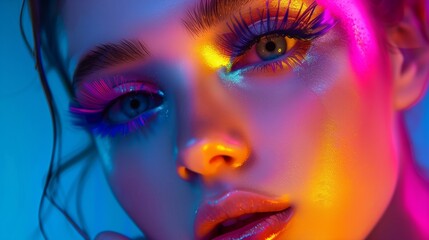 Girl with fair skin, blue eyes, long false eyelashes, bright makeup in neon colors