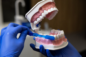 Doctor holding human jaw model in hand showing process of brushing teeth