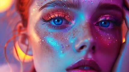 Girl with fair skin, blue eyes, long false eyelashes, bright makeup in neon colors - obrazy, fototapety, plakaty