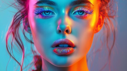 Girl with fair skin, blue eyes, long false eyelashes, bright makeup in neon colors