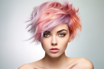 Portrait of a young woman with vibrant multicolored pastel hairstyle