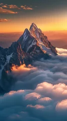 Fotobehang Mountain Rising Above the Clouds at the sunrise or sunset. Shot of the Natural World © hardqor4ik