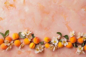 Naklejka na ściany i meble Apricots and flowers border on light orange background. Spring banner with a copy space
