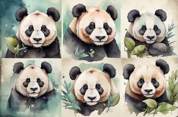 Obraz premium Watercolor set of cute pandas and bamboo leaves. Pastel colors. AI generated.