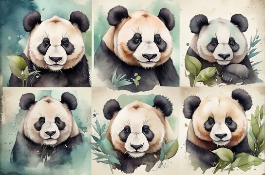 Watercolor set of cute pandas and bamboo leaves. Pastel colors. AI generated.