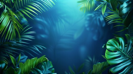 Modern trendy neon glowing light with neon green palm tropical leaves on a blue background