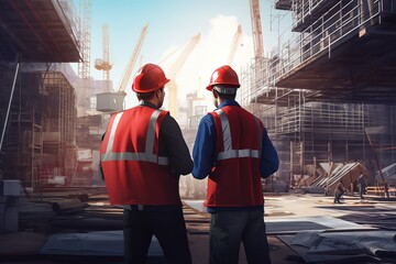 Two workmen are standing in front of a busy construction site