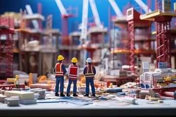 Two workmen are standing in front of a busy construction site