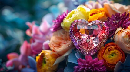 Gemstone in the Shape of a Love Heart with Flowers
