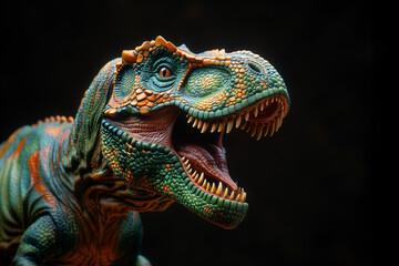 Close-up of Ferocious Tyrannosaurus Rex Toy with Toothed Mouth Isolated on Black Background