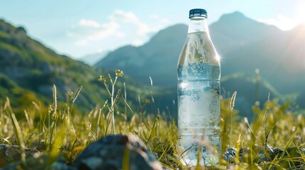 Pure mineral water in a glass bottle. Clean liquid on mountain background - obrazy, fototapety, plakaty