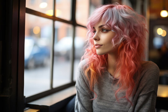 Stylish young woman with pastel pink curls in a cozy cafe