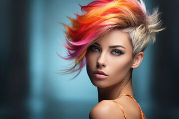 Portrait of a young woman with a multicolored hairstyle