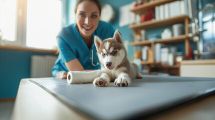 cute siberian husky puppy meet with pet doctor for treat and cure his leg from pain and injury with kind doctor in pet clinic hospital