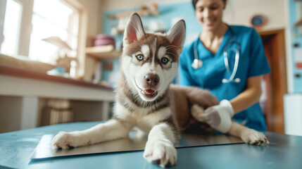 cute siberian husky puppy meet with pet doctor for treat and cure his leg from pain and injury with kind doctor in pet clinic hospital