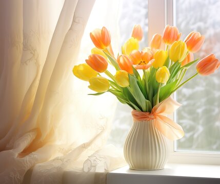 yellow tulips on window sill in a vase 