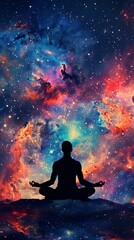 Fototapeta na wymiar Silhouette of a man meditating on the lotus pose in front of galaxy universe background