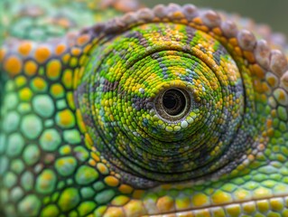 An extreme close-up of a chameleon's eye, showcasing its vibrant colors and unique texture