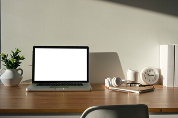 Front view laptop computer with blank display, potted plant and stationery on wooden table.