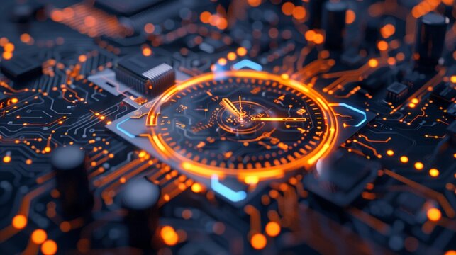 Time Technology Concept with clock symbol on a Microchip motherboard. Futuristic concept design