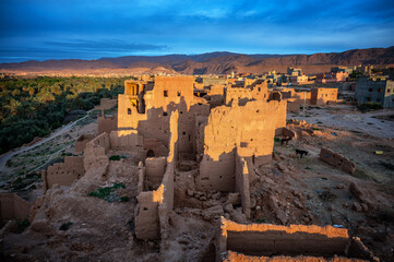 Historic ruins in the town of Tinghir, Morocco early in the morning - 750701890