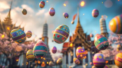 Easter eggs falling from the sky in Thailand with ancient temples and the Chao Phraya River