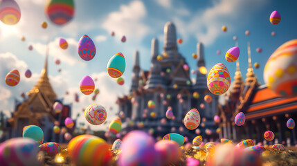 Easter eggs falling from the sky in Thailand with ancient temples and the Chao Phraya River