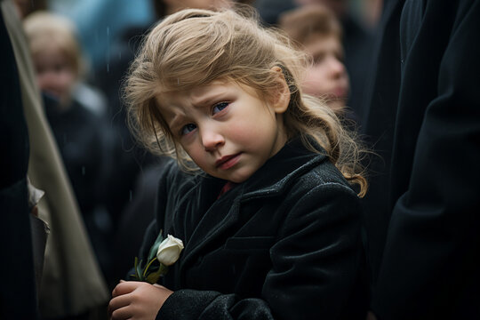 Portrait of a sad unhappy lonely little girl at funeral of her relatives generative ai image