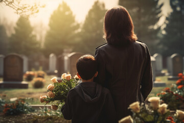 Rear view ai generated picture of sad lonely person visiting relatives standing at cemetery alone - 750702623