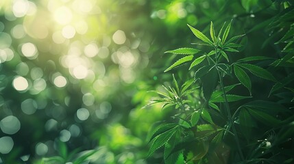 Sunlit emerald cannabis leaves flourishing in an organic garden