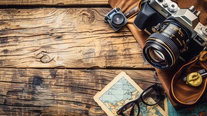 Close-up of professional camera on vintage wooden table, surrounded by scattered accessories. Composition emphasizes texture and space for co - Powered by Adobe