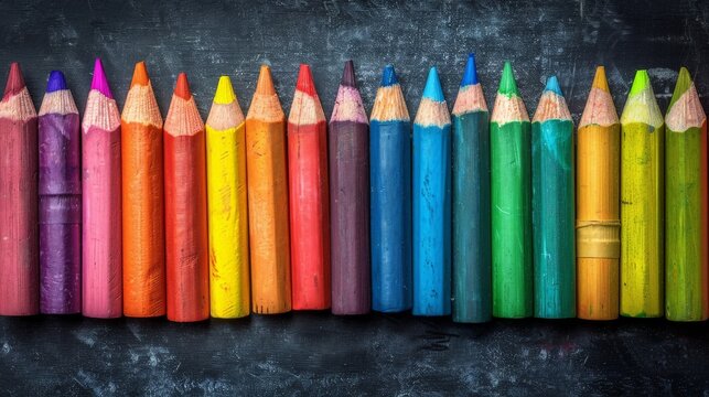 colorful crayons on a black board background