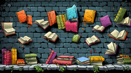Illustration flying old open books of the shelves in the in library - obrazy, fototapety, plakaty