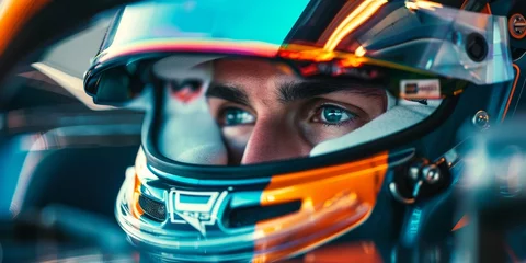 Tuinposter Formula One driver in closeup wearing helmet © xartproduction