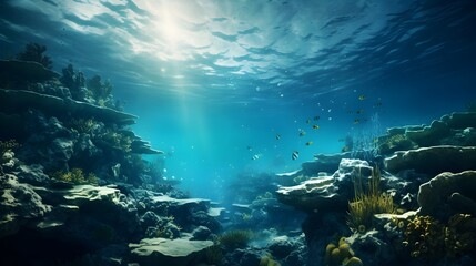 Fototapeta na wymiar Underwater Reef with Sunlight and Fish in a Lively Ocean Blue Background