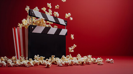 minimalist film set with scattered popcorn and a sleek black clapperboard against a deep red wall
