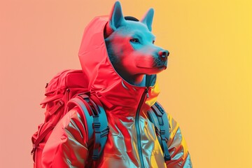 Serious Character with Dog Head, wearing a reflective jacket with pink and yellow background. Created by Generative AI