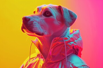 Serious Character with Dog Head, wearing a reflective jacket with pink and yellow background. Created by Generative AI