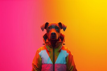Serious Character with Dog Head, wearing a reflective jacket with pink and yellow background. Created by Generative AI