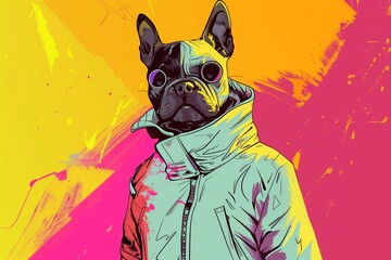 Serious Character with French Bulldog Head, wearing a reflective jacket with pink and yellow background. Created by Generative AI