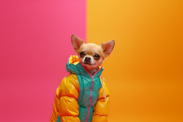 Serious Character with Dog Head, wearing a reflective jacket with pink and yellow background. Created by Generative AI