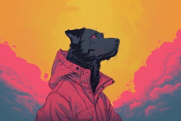 Serious Character with Dog Head, wearing a reflective jacket with pink and yellow background. Created by Generative AI