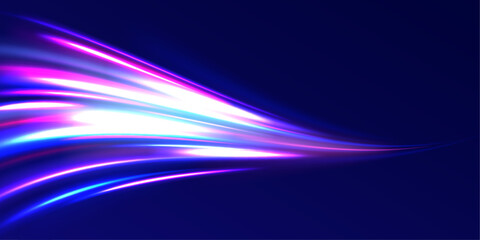 Motion light effect for banners. Illustration of high speed concept. Light arc in neon colors, in the form of a turn and a zigzag. 