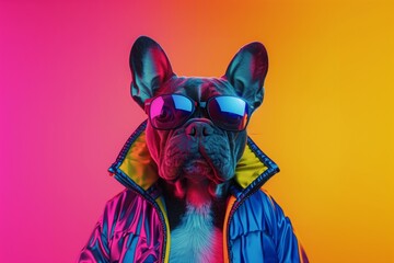 Serious Character with French Bulldog Head, wearing a reflective jacket with pink and yellow background. Created by Generative AI