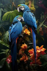 Obraz premium Two colored Blue-and-yellow macaw sitting on a branch and preening (Ara ararauna) in the forest