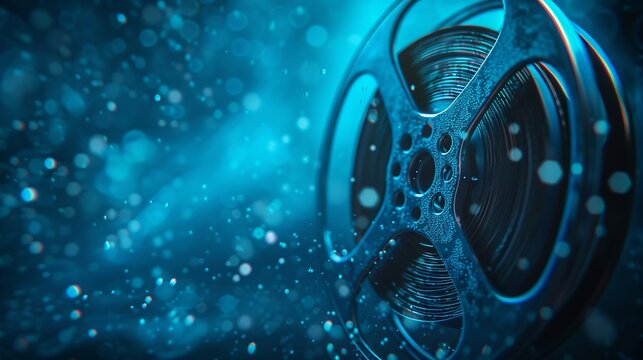 Vintage film reel with blue tones amidst abstract digital background