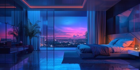 luxury penthouse bedroom at night