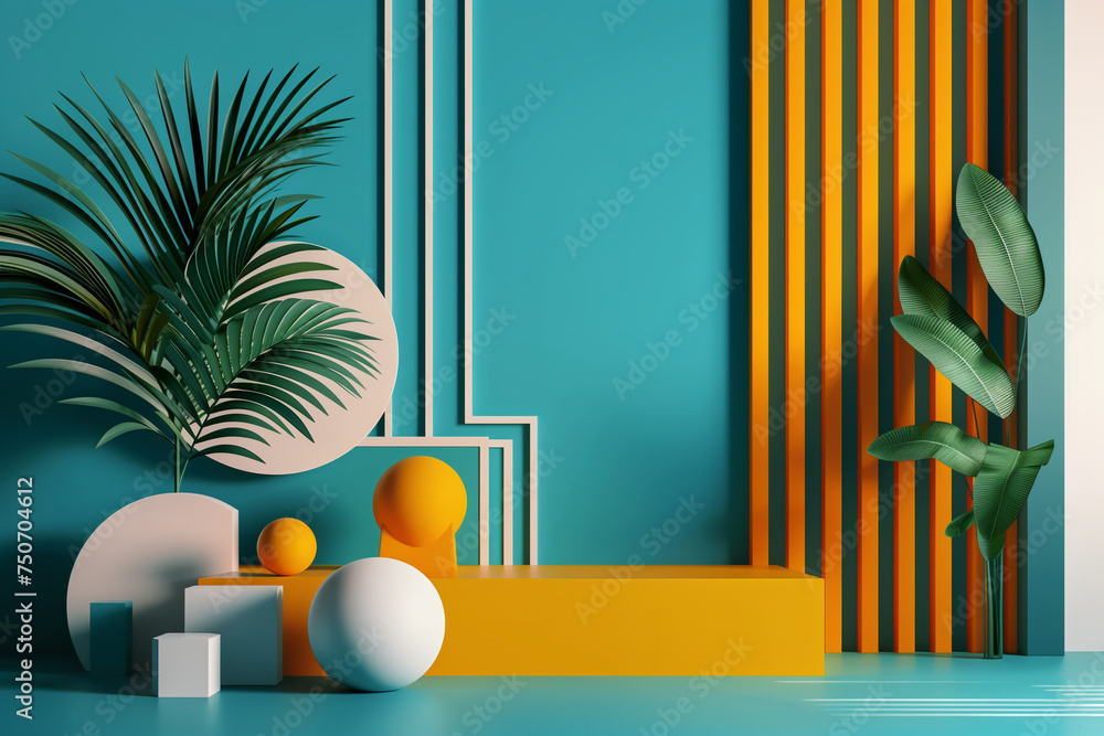 Fototapete abstract mock-up scene featuring geometric shapes and patterns in vibrant colors, arranged dynamical