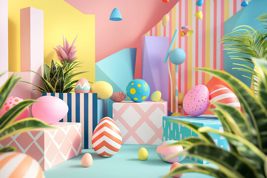 A whimsical Easter egg hunt-inspired geometric mockup scene with hidden eggs nestled among geometric shapes and patterns