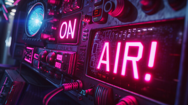 On Air Colorful Neon Lettering Cyberpunk Style. Banner for bloggers podcasts and live streamers.